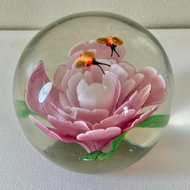 Glass Vintage Pink Flower and Bee Paper Weight For Sale - Image 7 of 10