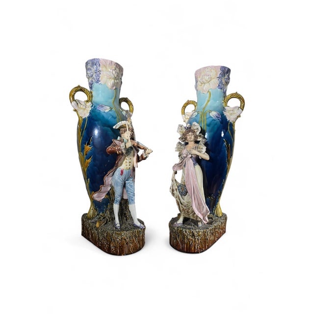 Art Nouveau Enamelled Ceramic Vases, 1890, Set of 2 For Sale - Image 3 of 14