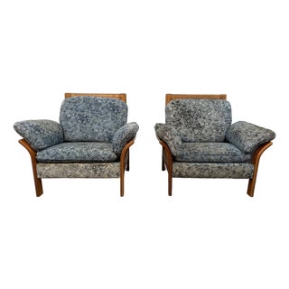Vintage Modern Patterned Wood and Cane Lounge Chairs For Sale