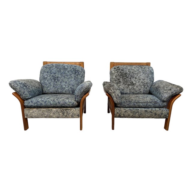 Vintage Modern Patterned Wood and Cane Lounge Chairs For Sale