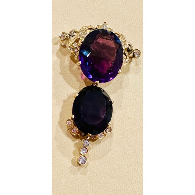 Gemstone Huge Two Oval Shape Amethyst Pendant Necklace/ Pin & Diamonds 14 Kt Yellow Gold For Sale - Image 7 of 18