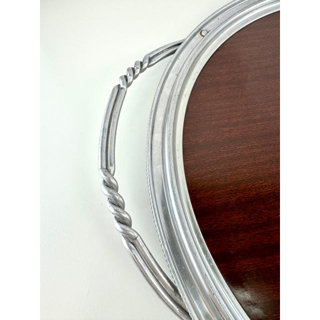 Brown Vintage Large Round Mahogany & Silverplate Serving Tray With Twisted Handles For Sale - Image 8 of 11