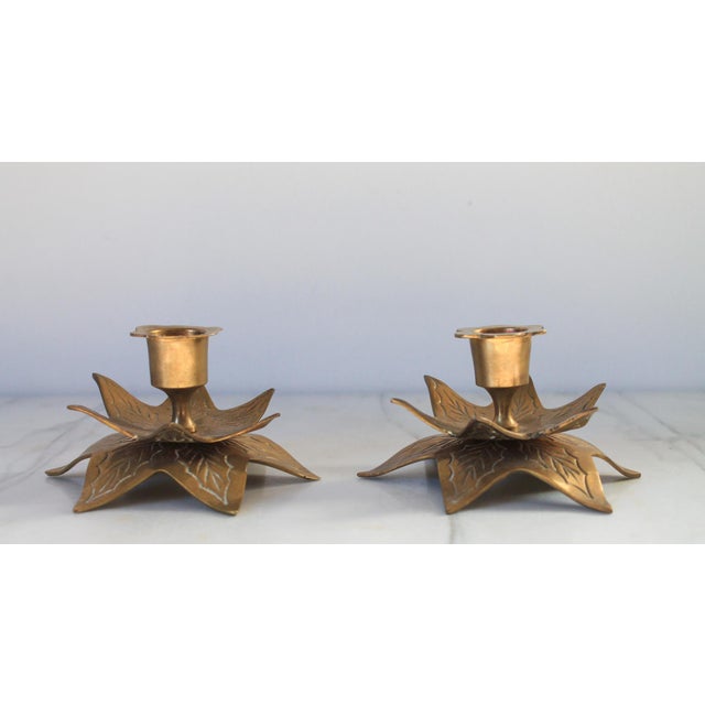 Mid-Century Modern Pair of Vintage Brass Holly Leaf Taper Candle Holders For Sale - Image 3 of 8