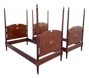 Antique Sheraton Federal Pinwheel Inlay Mahogany 4 Poster Twin Bed Frame - Pair