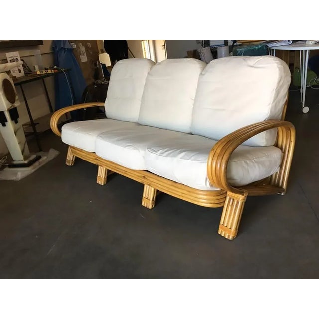 Restored 1950s Quad Pole "R" Arm 3 Seat Rattan Sofa For Sale - Image 4 of 10