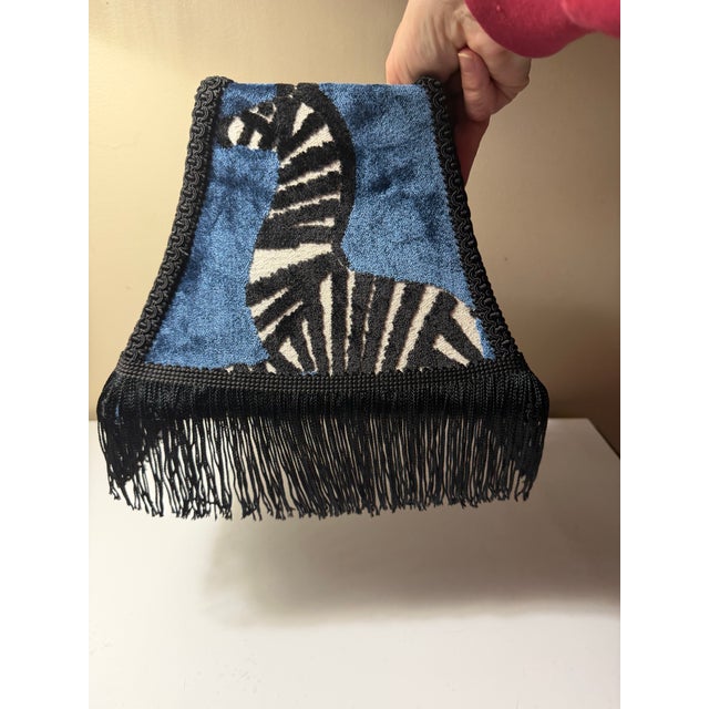 Regal Sapphire Zebra Velvet Lampshade With Black Trim & Rayon Fringe For Sale - Image 6 of 7