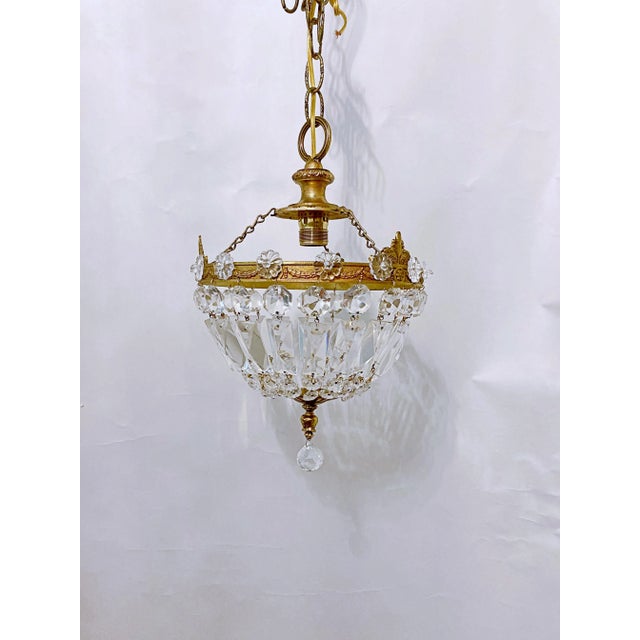 Brass 1950s Italian Brass and Crystal Rosettes Rim Basket Chandelier For Sale - Image 8 of 8