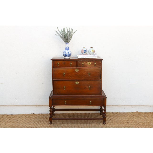 Some case pieces earn their height in two parts, and this chest on stand is built exactly that way. Five drawers, two...