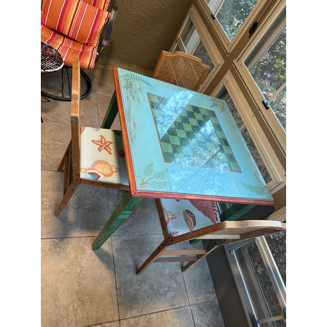Vintage Mid-Century Leg-O-Matic Folding Game Table & 3 Cane Back Chairs Set (Mcm / Coastal Chess & Checkers) For Sale In New York - Image 6 of 18