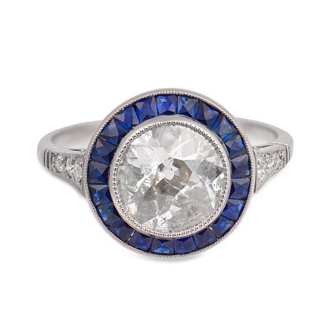 Modern Art Deco Style 1.87 Carat Old European Cut Diamond Sapphire Engagement Ring, Size 6.5 For Sale - Image 3 of 6