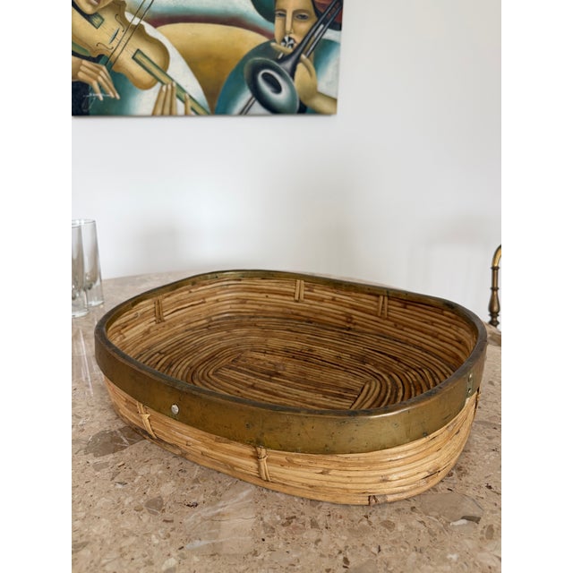 Wood Split Reed Extra Large Italian Tray With Brass Trim, Hand Crafted, Bohemian For Sale - Image 7 of 16