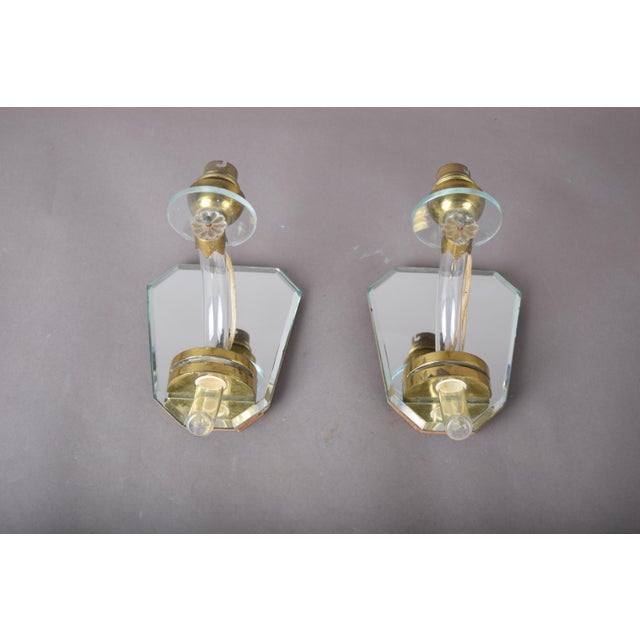 Art Deco French Mirrored Glass and Brass Wall Sconces, 1940s, Set of 2 For Sale - Image 15 of 17