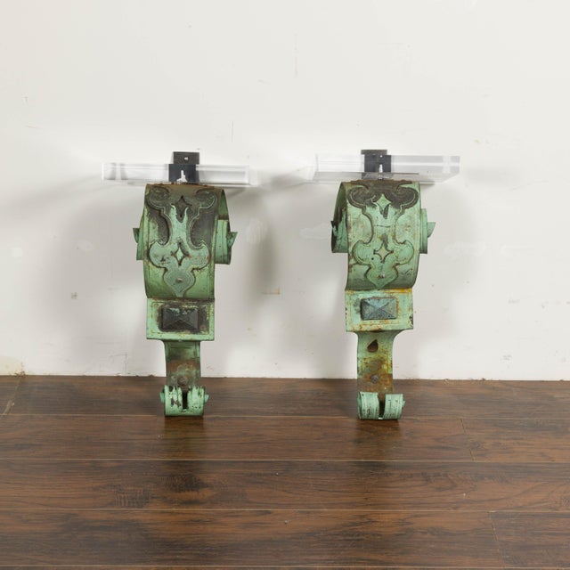Metal 19th Century English Bronze Verdigris Wall Brackets with Lucite Tops, a Pair For Sale - Image 7 of 12