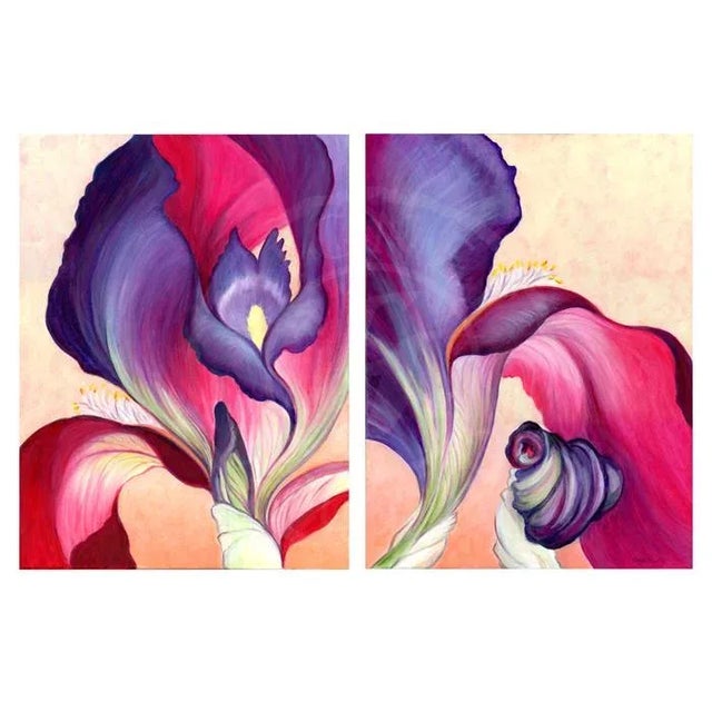 Set of 2 Original Floral Oil Paintings, Cropped Iris Diptych by Kathleen Ney For Sale