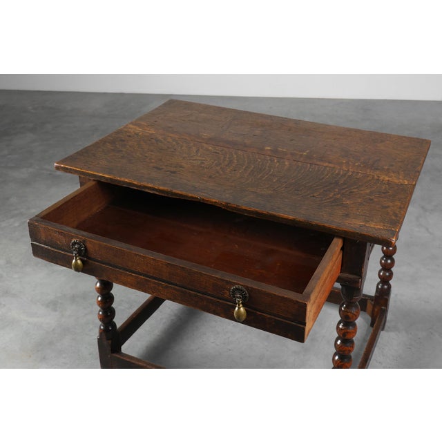 18th Century James II English Bobbin-Turned Oak Side Table with Bronze Hardware For Sale - Image 3 of 12