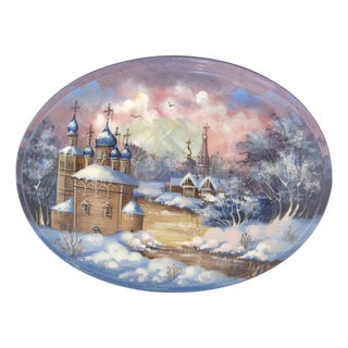 Russian Fedoskino Hand Painted Winter Suzdal Lacquer Mother of Pearl Box Signed For Sale