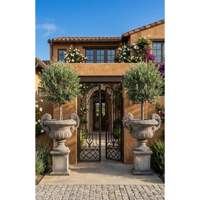 Dark Gray A Pair of Grand Neoclassical Cast Stone Urns on Paneled Pedestals For Sale - Image 8 of 12