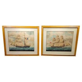 Ships, Watercolors, 1900, Framed, Set of 2 For Sale