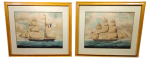 Ships, Watercolors, 1900, Framed, Set of 2