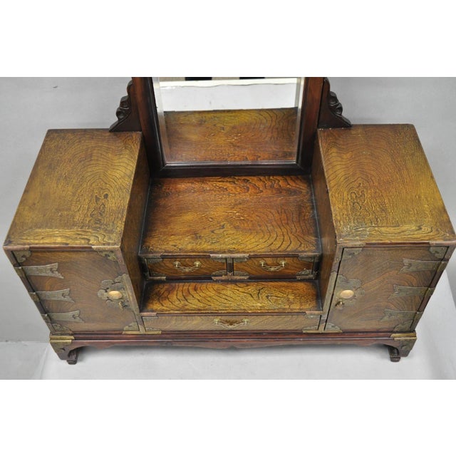 Wood Antique Japanese Wood & Brass Small Low Kyodai Vanity Dressing Table With Mirror For Sale - Image 7 of 18