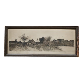 Antique Ernest C Rost Signed Cottage Farmhouse Panoramic Landscape Etching 26" For Sale