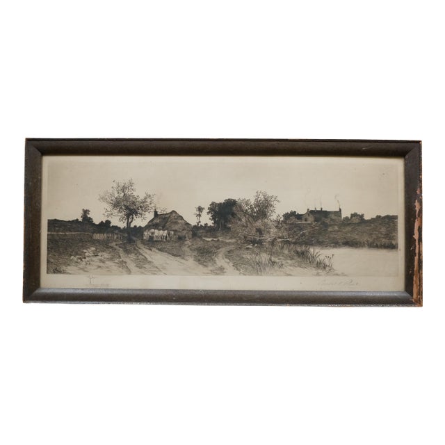 Antique Ernest C Rost Signed Cottage Farmhouse Panoramic Landscape Etching 26" For Sale