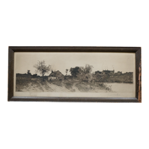 Antique Ernest C Rost Signed Cottage Farmhouse Panoramic Landscape Etching 26"