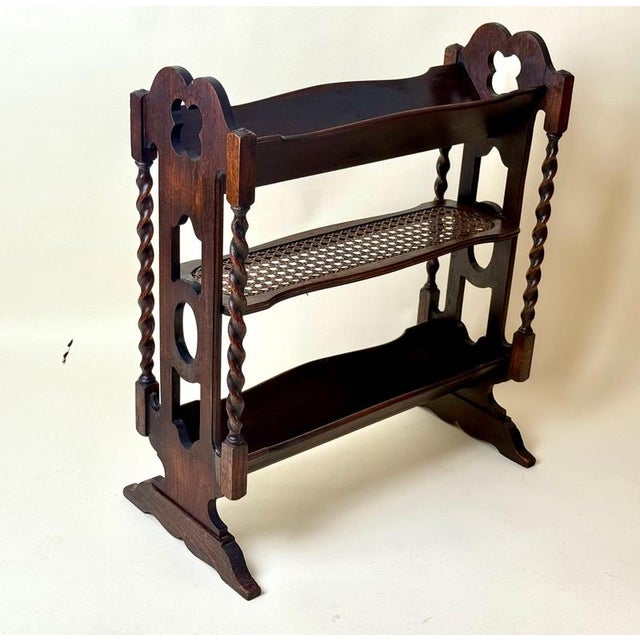 Wood English Gothic Revival Oak Canterbury Bookcase with Original Cane, 1890 For Sale - Image 7 of 14