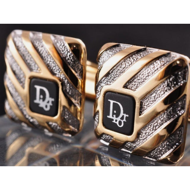 Metal Vintage Christian Dior Gold Plate & Onyx Cufflinks Circa 1990 In Original Case For Sale - Image 7 of 18