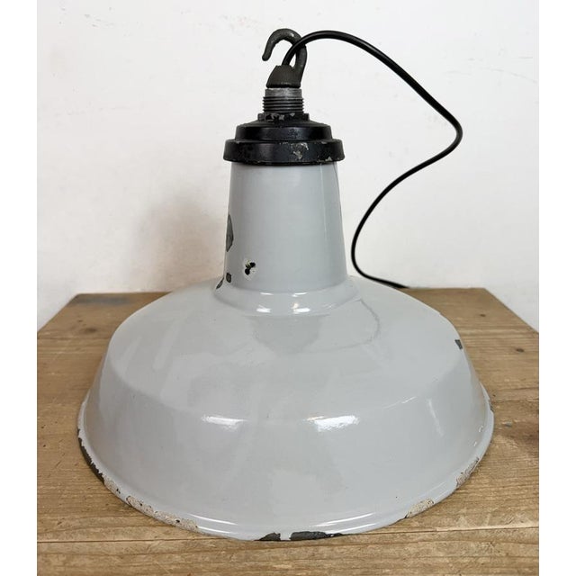 Industrial Grey Enamel Factory Pendant Lamp, 1960s For Sale - Image 12 of 17