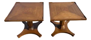 Pair of Drexel Mediterranean Style Maple and Burl Elm Side Tables