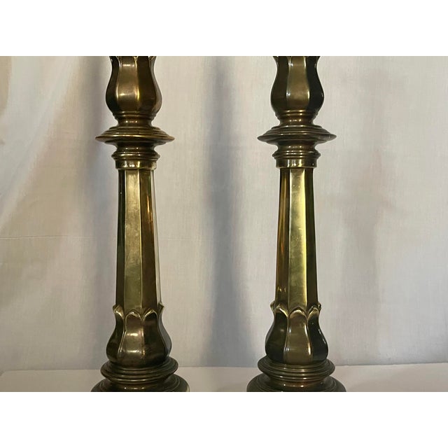 Vintage Candlestick Brass Table Lamps- A Pair For Sale - Image 4 of 7