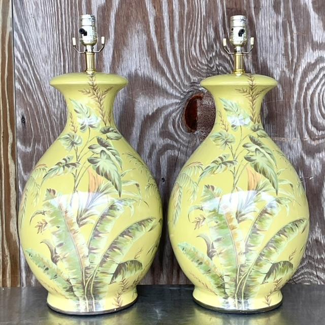 Vintage Coastal Banana Leaf Glazed Ceramic Lamps - a Pair For Sale In West Palm - Image 6 of 6