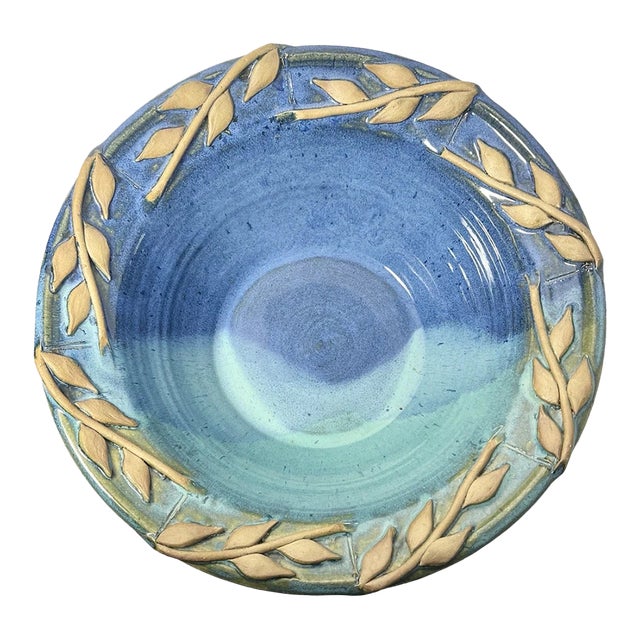Large Blue Green Glazed Laurel Leaf Studio Pottery Centerpiece Serving Bowl For Sale