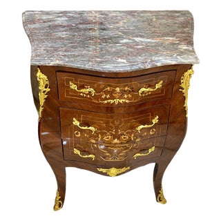 Elegant French-Style Bedside Cabinet – Floral Marquetry, Gilded Accents & Marble Top For Sale