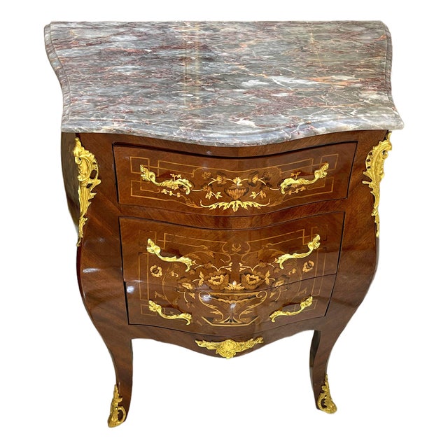 Elegant French-Style Bedside Cabinet – Floral Marquetry, Gilded Accents & Marble Top For Sale