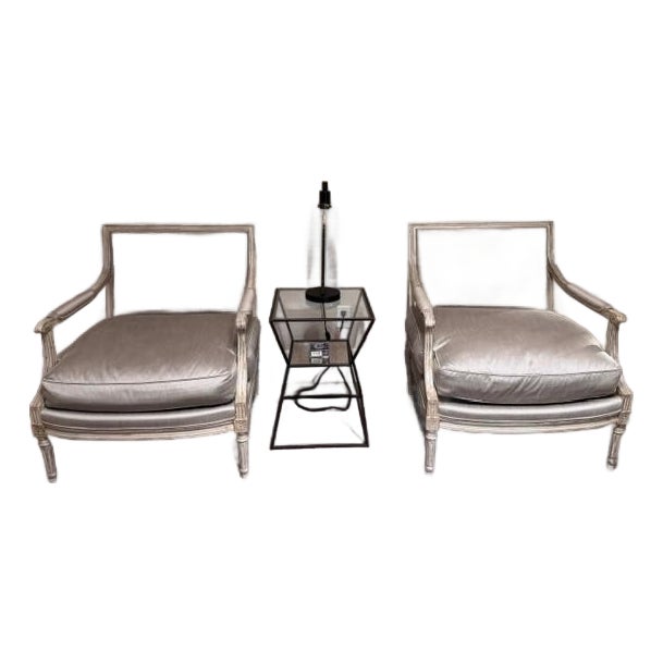 Pair of Louis XVI Style Hand-Painted Armchairs in Silk Upholstery For Sale