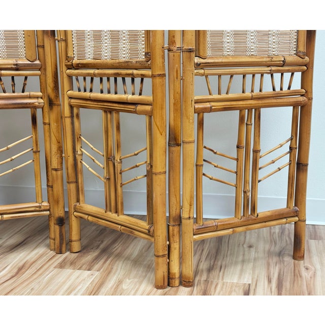 Vintage Bamboo Chippendale Style Four Panel Screen Room Divider For Sale - Image 4 of 7