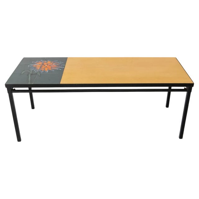 French Coffee Table in Glazed Vallauris Ceramic, Poplar and Iron, 1970s For Sale