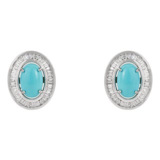 14k White Gold Halo Stud Earrings With 2.52ct Turquoise & Diamonds- A Pair For Sale