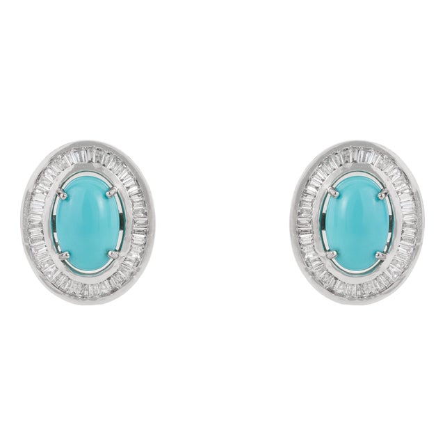 14k White Gold Halo Stud Earrings With 2.52ct Turquoise & Diamonds- A Pair For Sale
