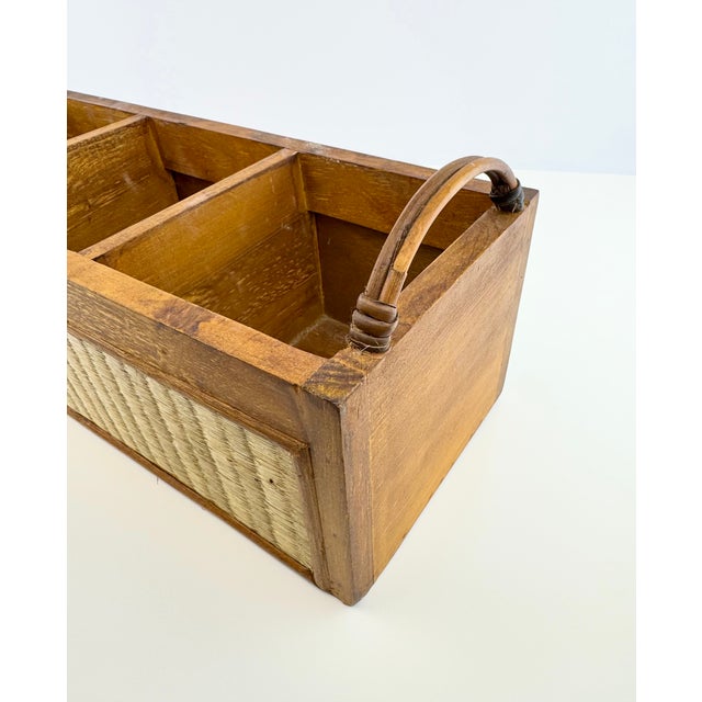 English Vintage Indonesian Wood and Woven Rattan Four-Compartment Storage Caddy For Sale - Image 3 of 15