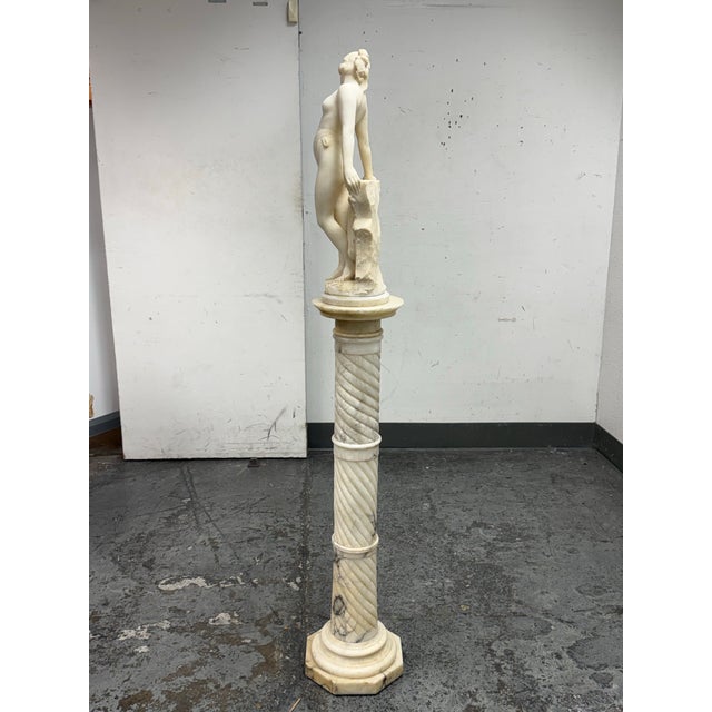 19th Century Emilio Fiaschi Alabaster Nude Female Sculpture on Marble Pedestal Stand, Set of Two For Sale In San Francisco - Image 6 of 12