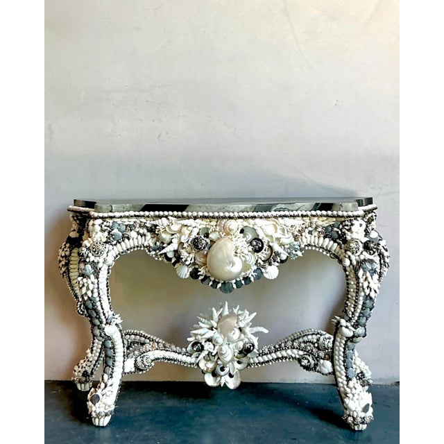 White Vintage Coastal Shell Encrusted Console Table For Sale - Image 8 of 8