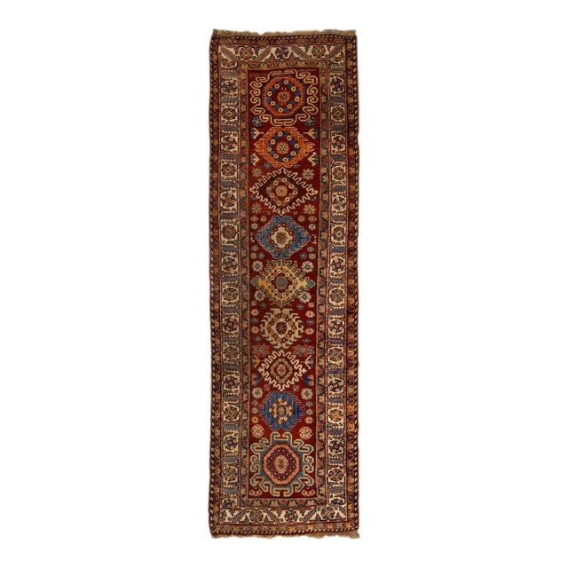Red Antique Serapi Persian Handmade Multi Medallion Motif Wool Runner For Sale
