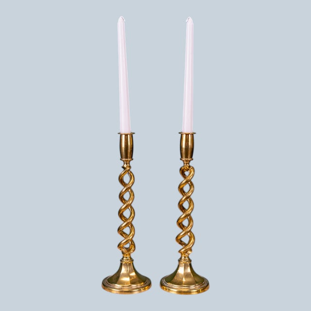 12 inch tall Victorian Brass Barley Twist Candlesticks. England c. 1880 Rare Pair of faceted, trumpet based brass...