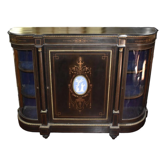 Antique Victorian English Ebonised Inlaid Credenza With Wedgewood Plack For Sale