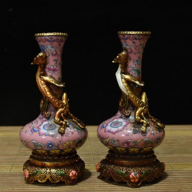 Pink Vintage Chinese Pink Enamel Vase Pair With Dragon Relief and Filigree Stands For Sale - Image 8 of 9