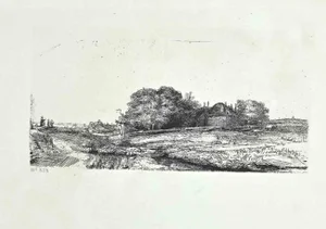 After Rembrandt, Cottages and a Hay Barn, Etching, 19th Century