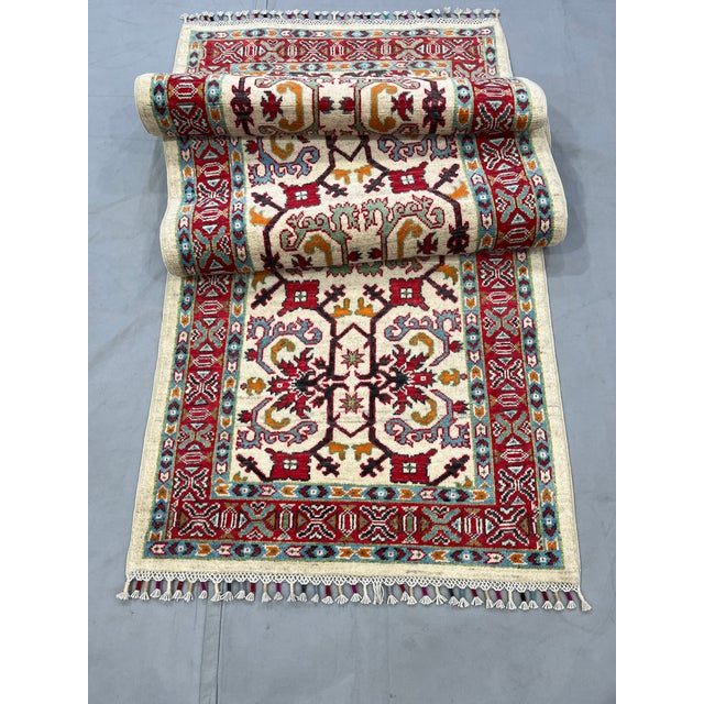 Textile Cream and Red Kazak Wool Runner Rug, Tribal Hallway Rug, 2'8" X 8'9" For Sale - Image 7 of 16